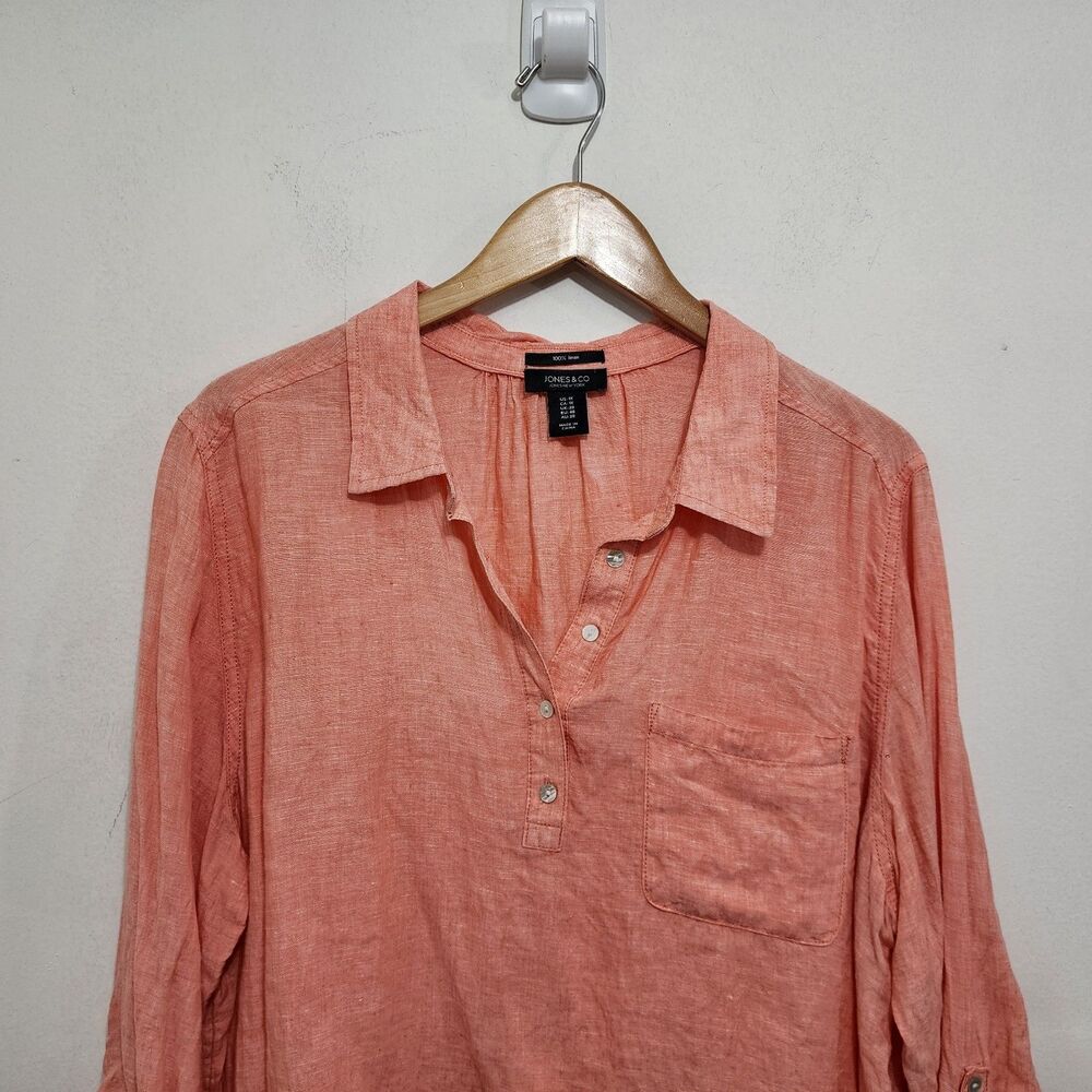 Jones & Co 100% Linen Popover Coral Long Tab Sleeve Coastal Shirt Plus Size 1X - Picture 3 of 11